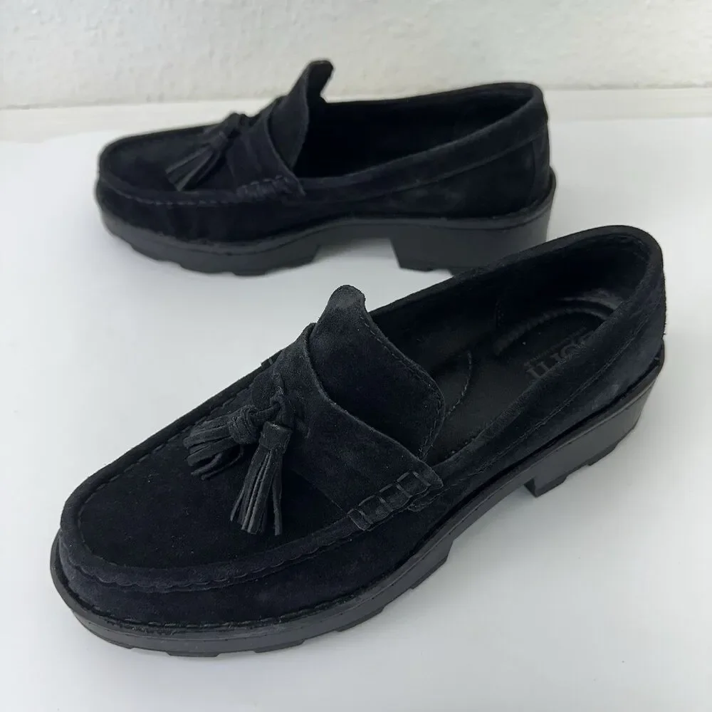 Born Womens Size 8 Capri Tassel Black Suede Lugged Loafers Shoes Capsule Preppy